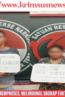 Satresnarkoba Polres Tebo Ringkus Dua Pelaku Narkoba, Amankan 42,98 Gram Sabu di Tebo Tengah